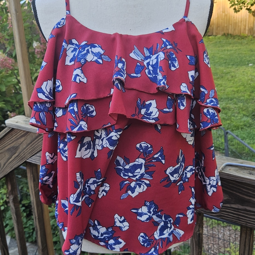 Japna Red and Blue Floral Ruffle Blouse